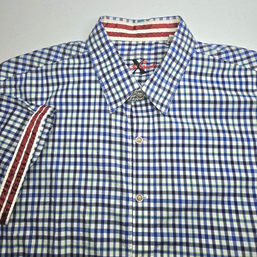 ROBERT GRAHAM X Men's XXL Blue White Black Check Short Sleeve -2592